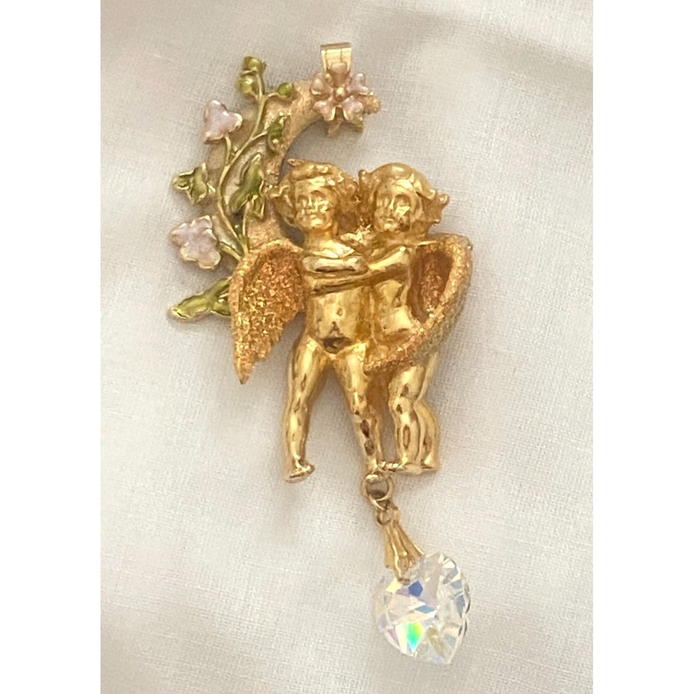 Vintage Kirks Folly Pendant ~ Gold tone Cherubs Angel Flowers Heart Moon Crystal